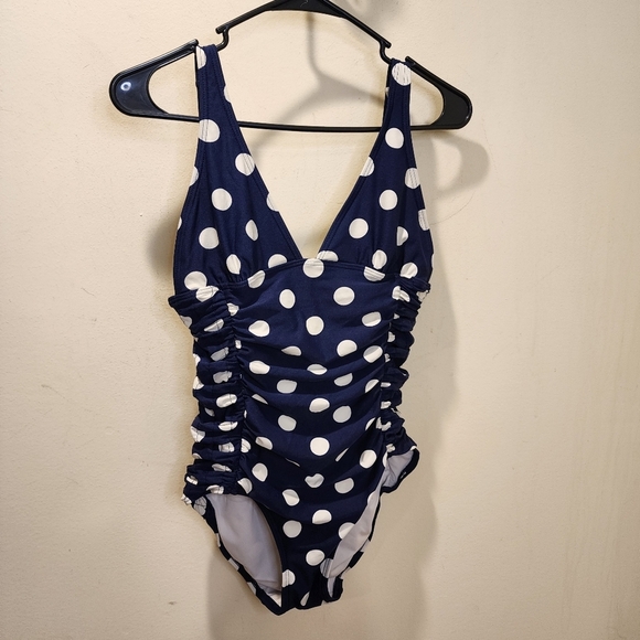 DKNY women's Navy Blue One Polka Dot  Piece Swimmer size 7 - Picture 1 of 10